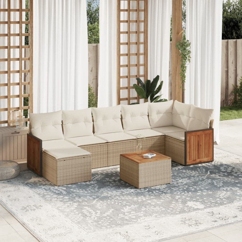 vidaXL Matgrupp för trädgården med dynor 8 delar beige konstrotting