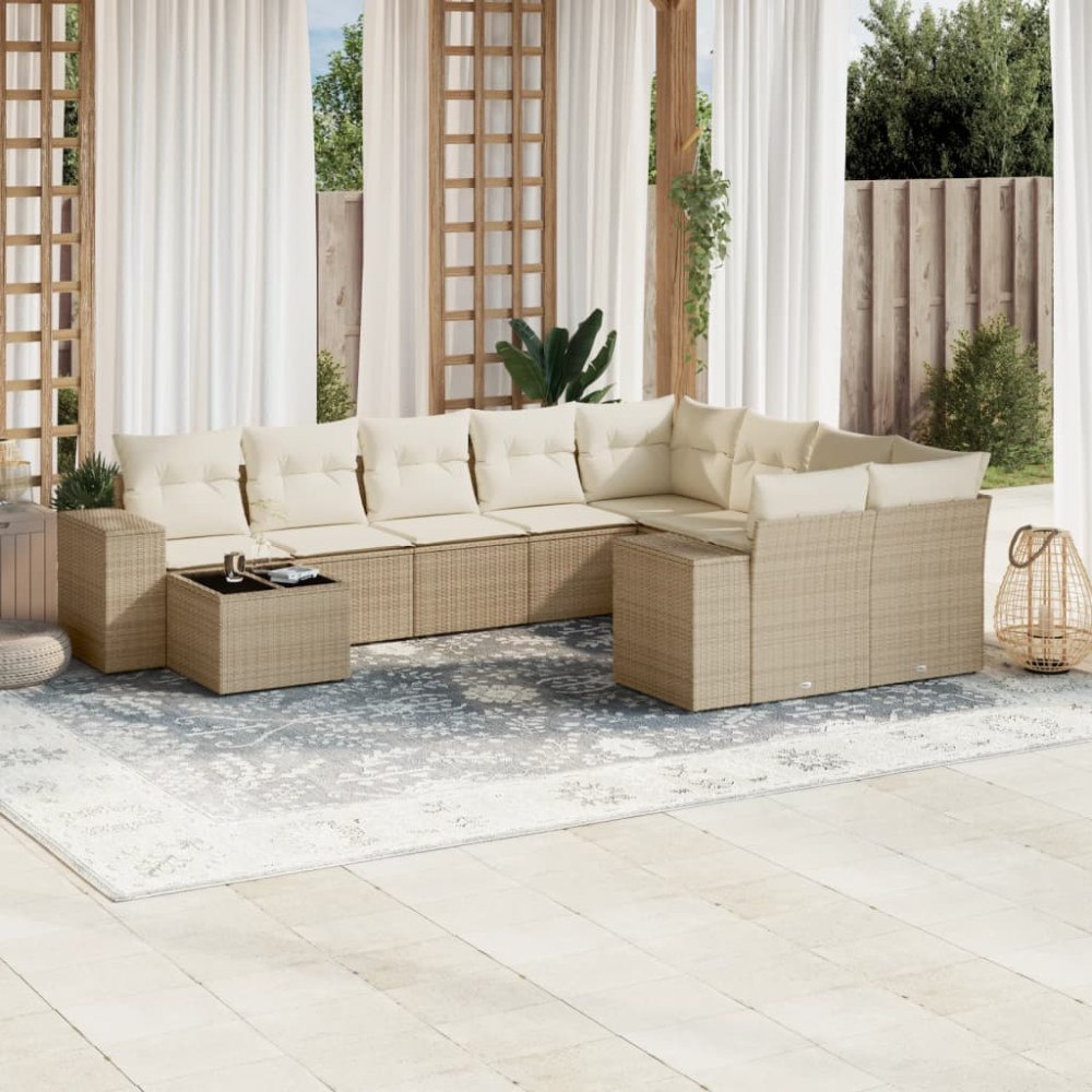 vidaXL Soffgrupp för trädgård med dynor 10 delar beige konstrotting