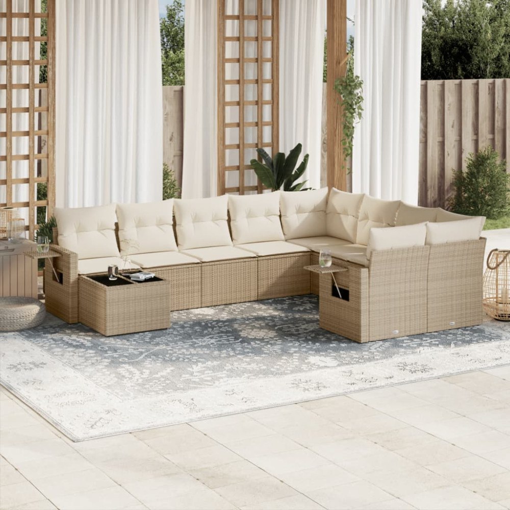 vidaXL Soffgrupp för trädgård med dynor 10 delar beige konstrotting