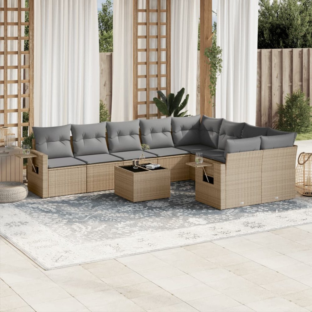 vidaXL Soffgrupp för trädgård med dynor 10 delar beige konstrotting