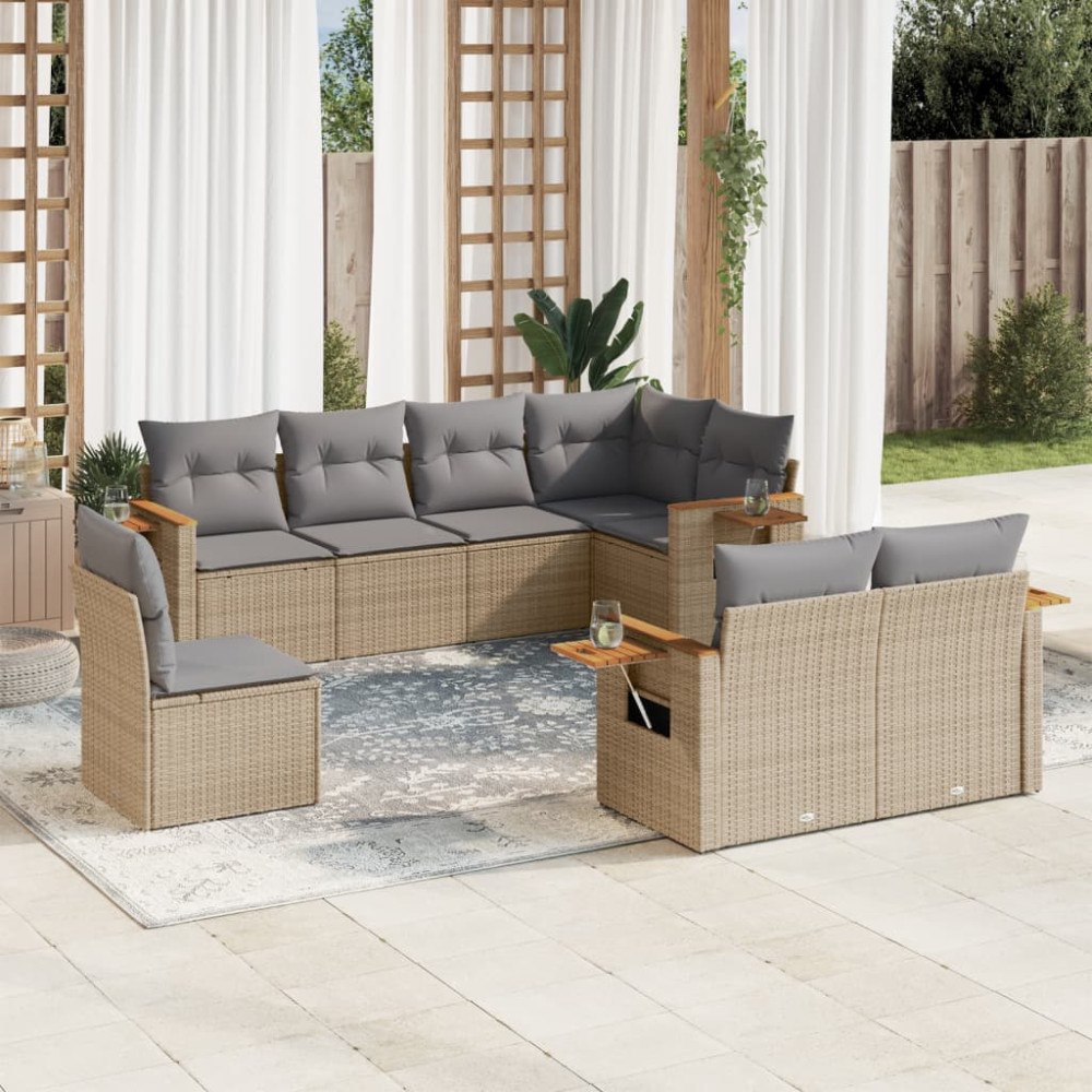 vidaXL Matgrupp för trädgården med dynor 8 delar beige konstrotting