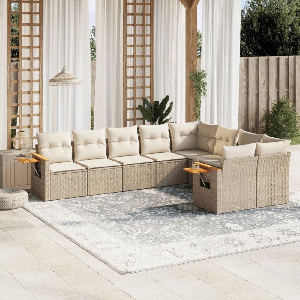 vidaXL Soffgrupp för trädgården med dynor 9 delar beige konstrotting