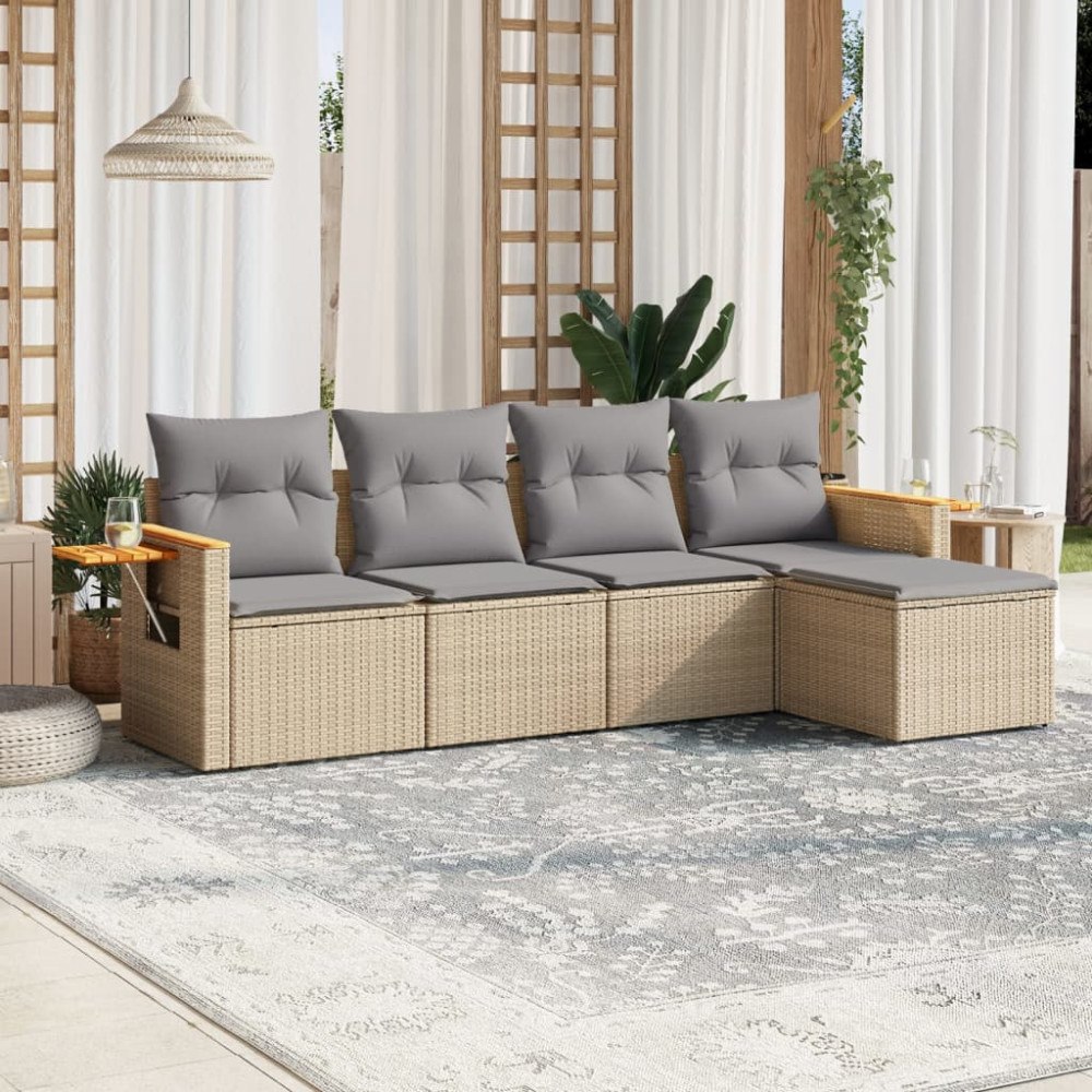 vidaXL Soffgrupp för trädgården med dynor 5 delar beige konstrotting