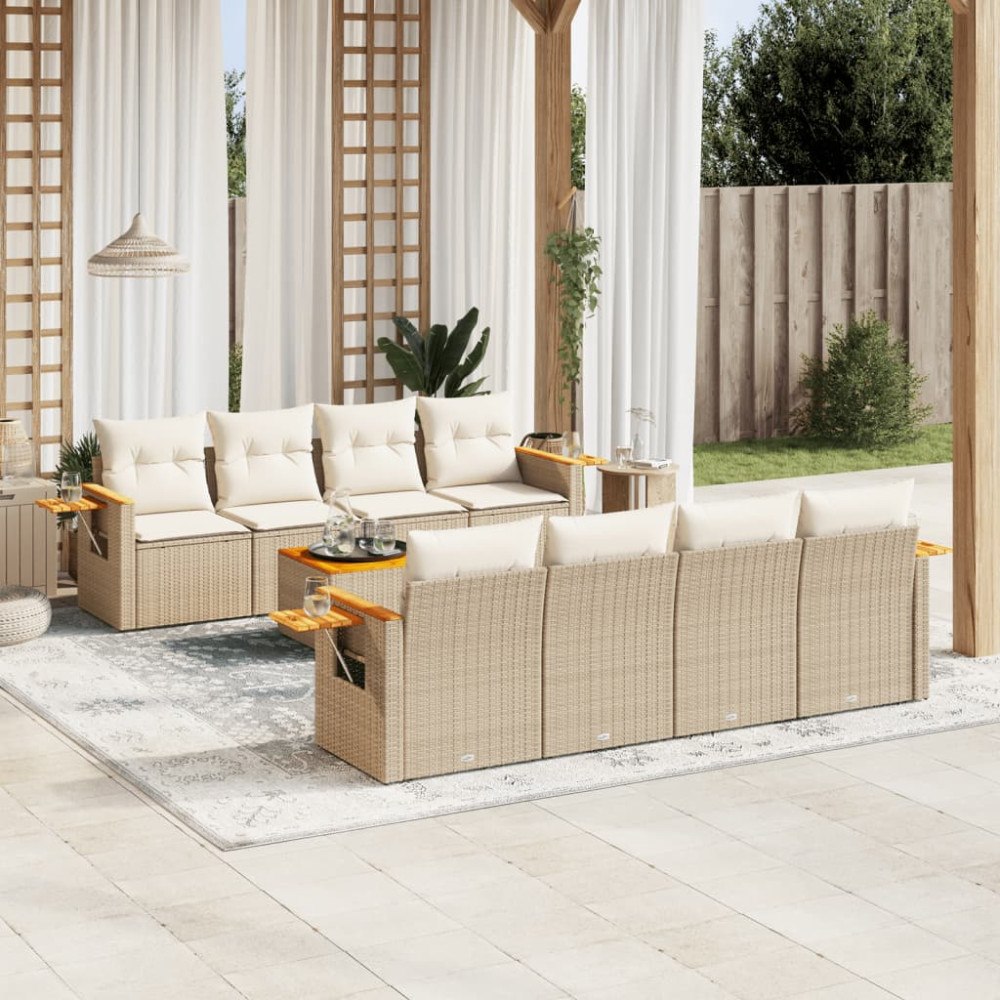 vidaXL Soffgrupp för trädgården med dynor 9 delar beige konstrotting
