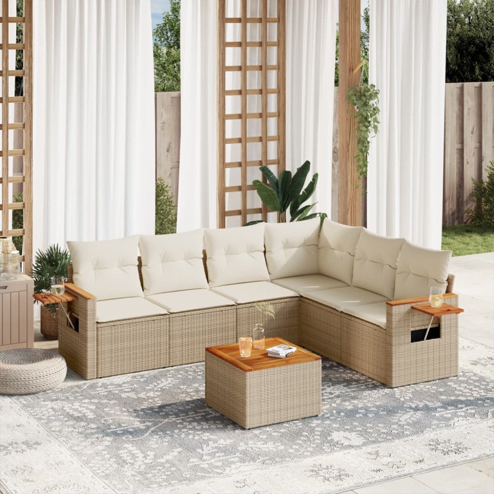vidaXL Matgrupp för trädgården med dynor 7 delar beige konstrotting