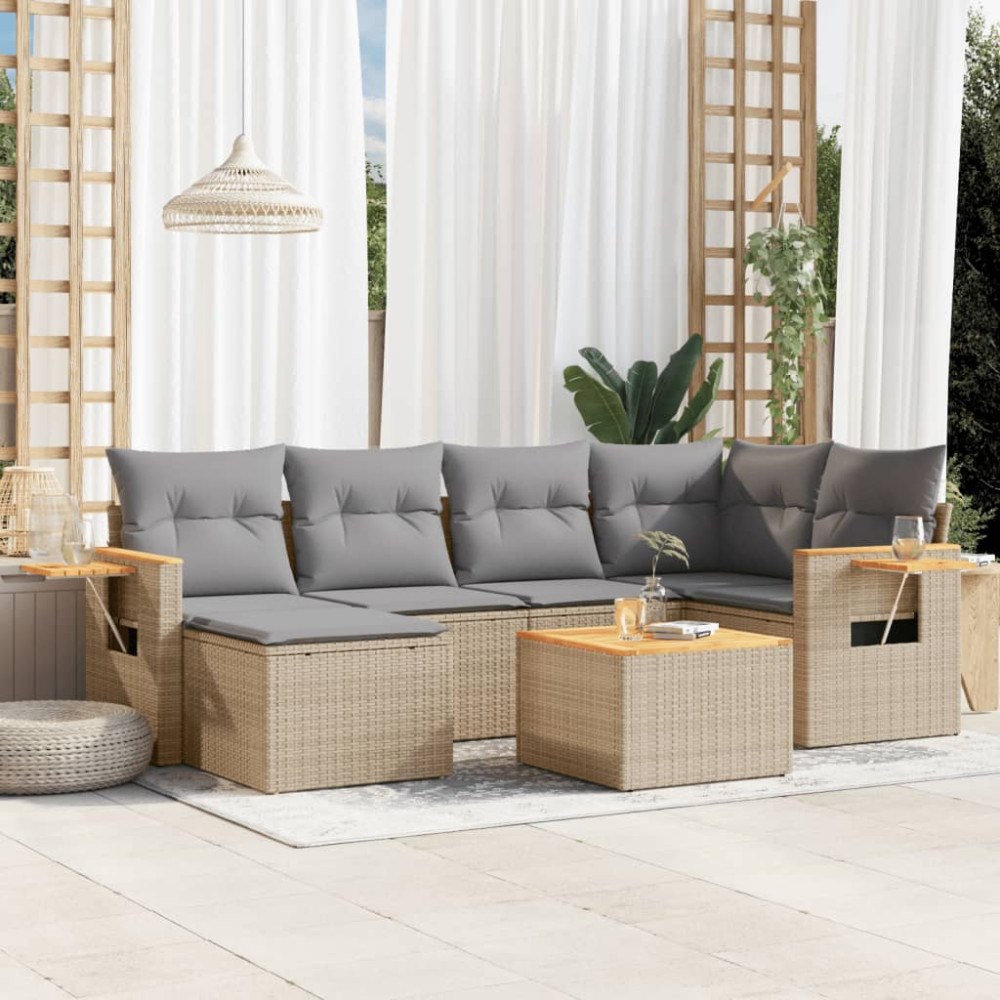 vidaXL Matgrupp för trädgården med dynor 7 delar beige konstrotting