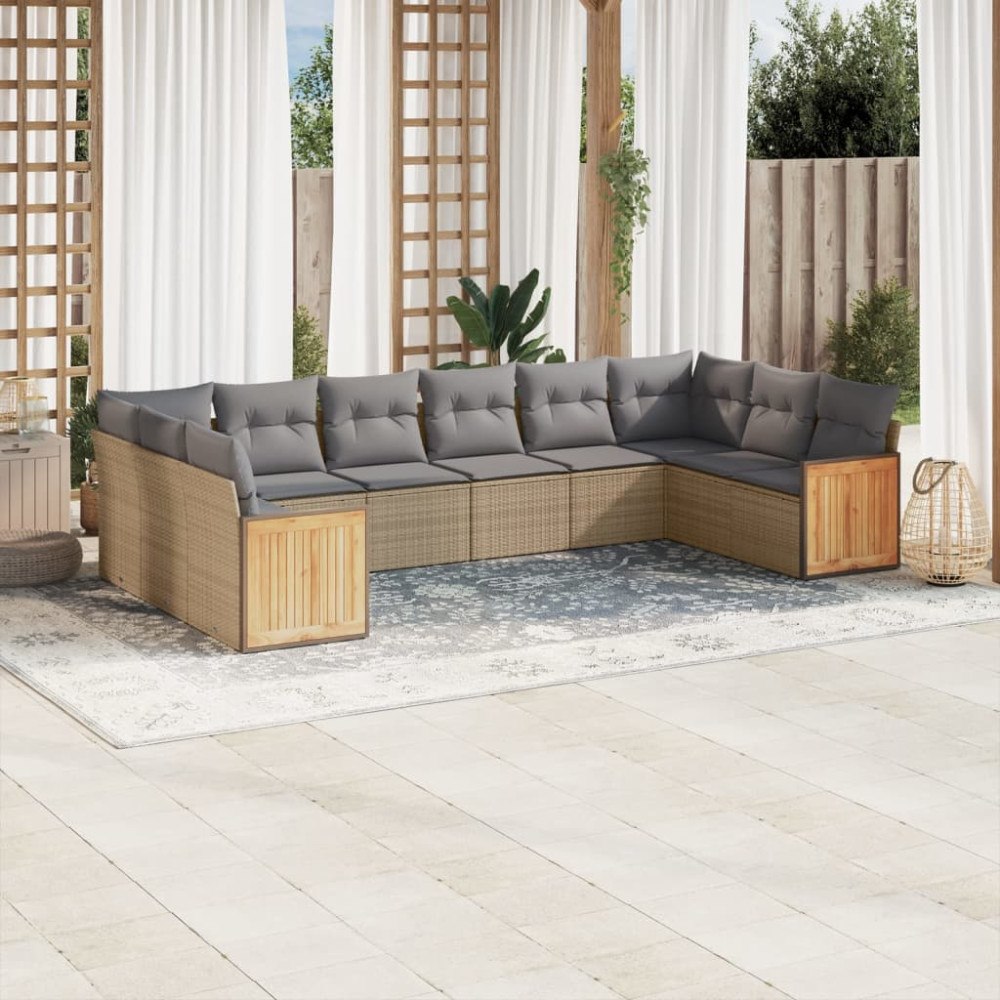 vidaXL Soffgrupp för trädgård med dynor 10 delar beige konstrotting
