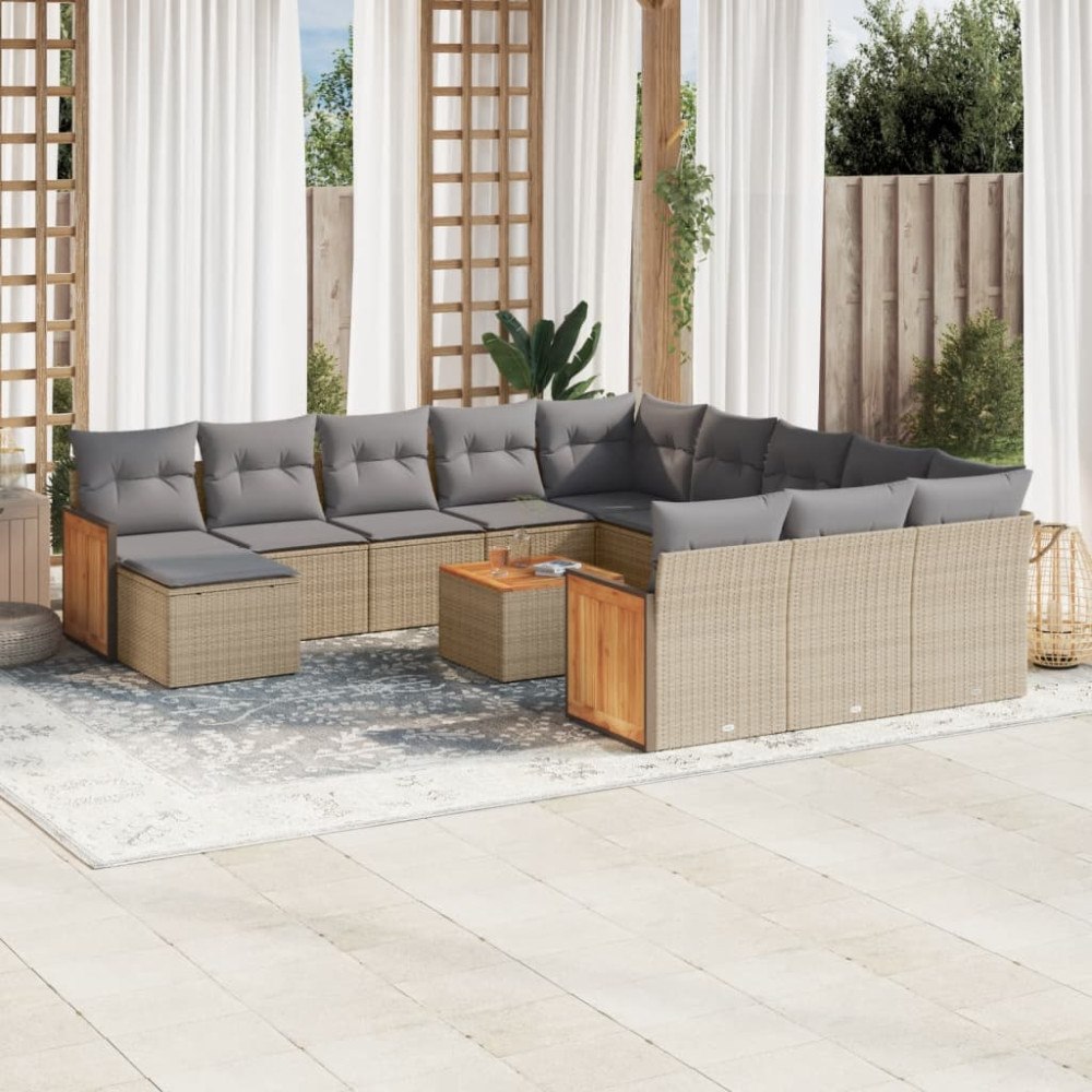 vidaXL Soffgrupp för trädgården med dynor 13 delar beige konstrotting