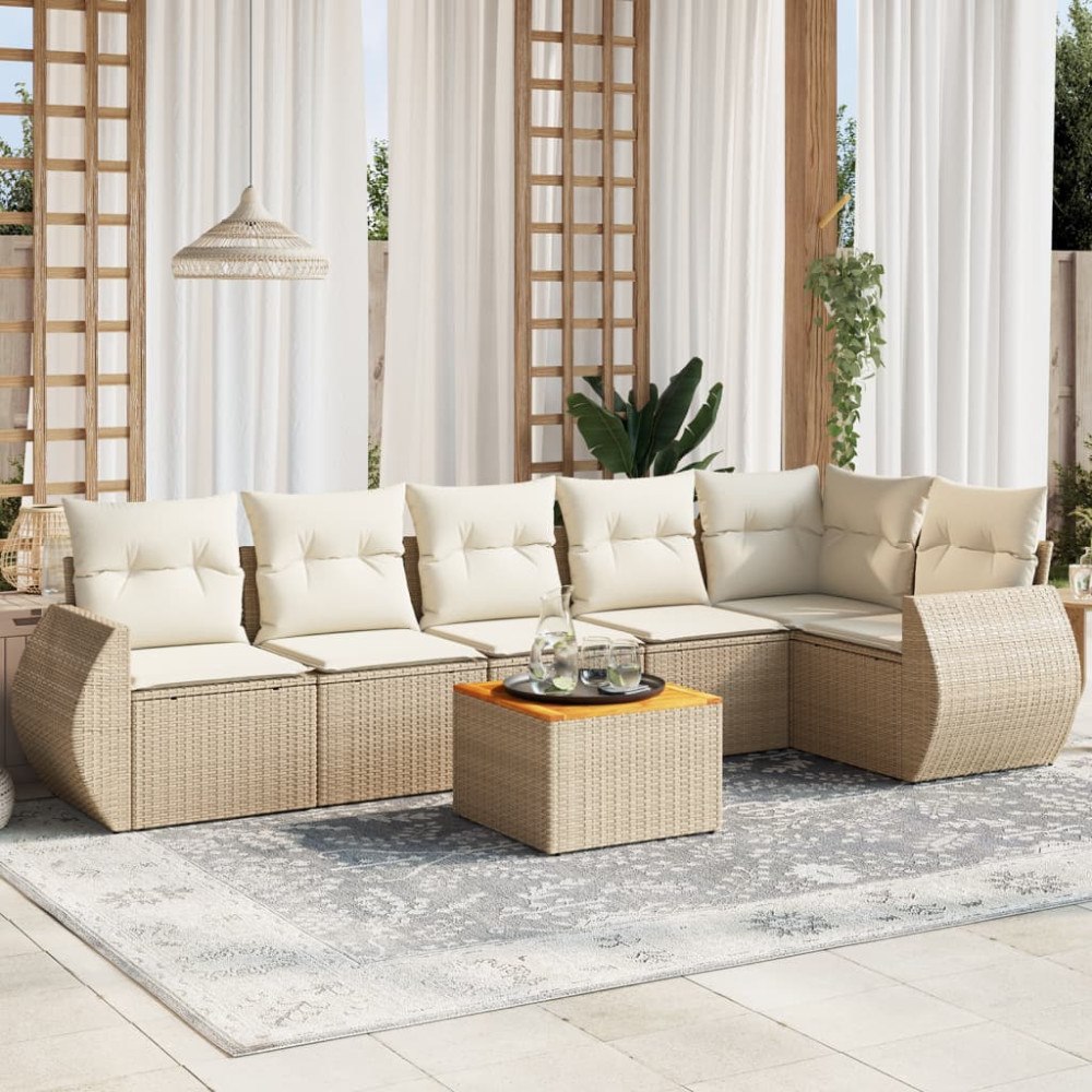 vidaXL Matgrupp för trädgården med dynor 7 delar beige konstrotting