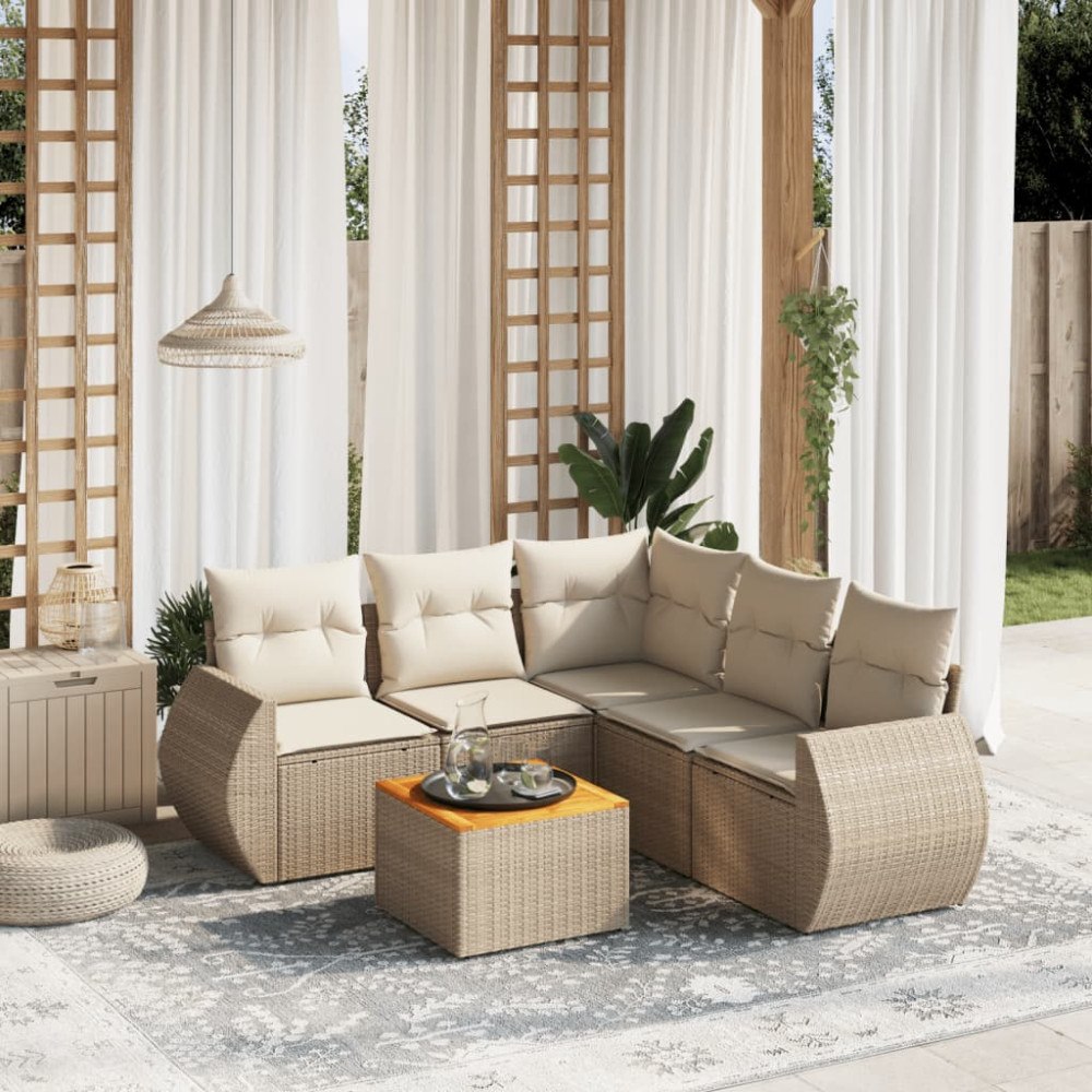 vidaXL Soffgrupp för trädgården med dynor 6 delar beige konstrotting