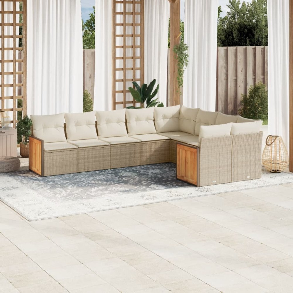vidaXL Soffgrupp för trädgården med dynor 9 delar beige konstrotting