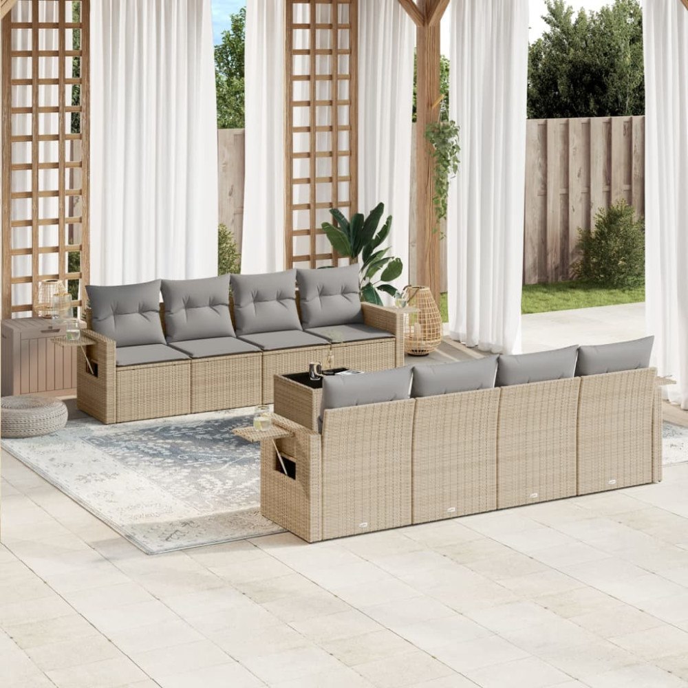 vidaXL Soffgrupp för trädgården med dynor 9 delar beige konstrotting
