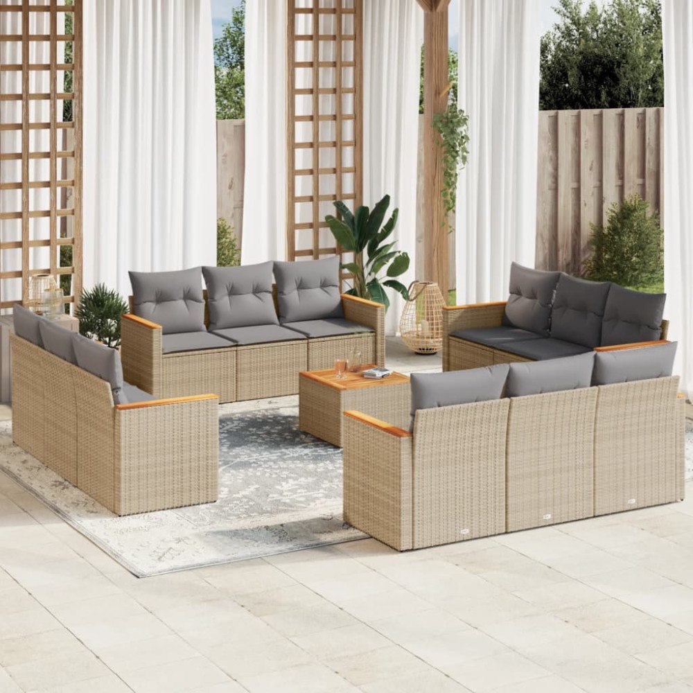 vidaXL Soffgrupp för trädgården med dynor 13 delar beige konstrotting