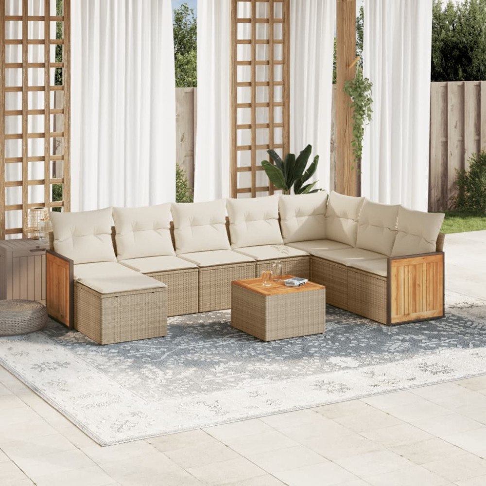vidaXL Soffgrupp för trädgården med dynor 9 delar beige konstrotting
