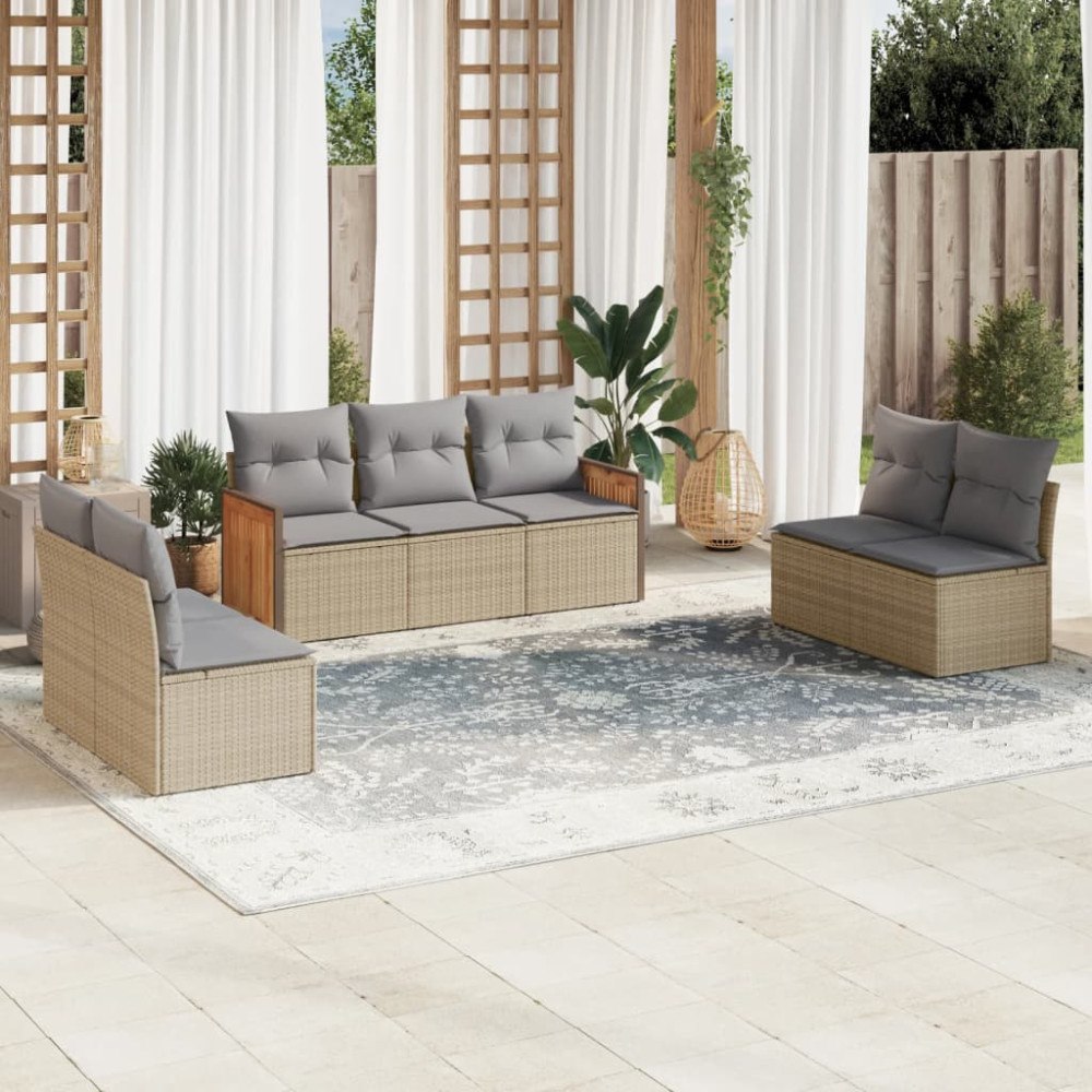 vidaXL Matgrupp för trädgården med dynor 7 delar beige konstrotting