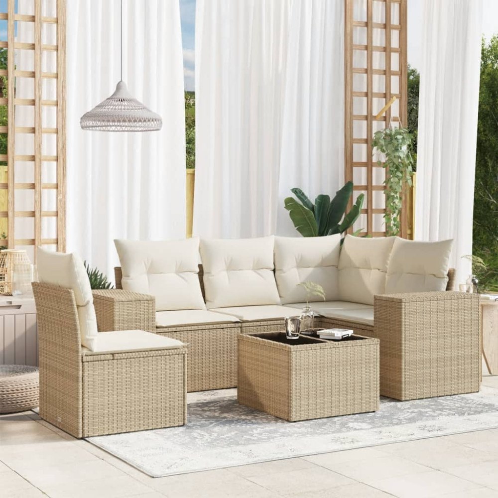 vidaXL Soffgrupp för trädgården med dynor 6 delar beige konstrotting