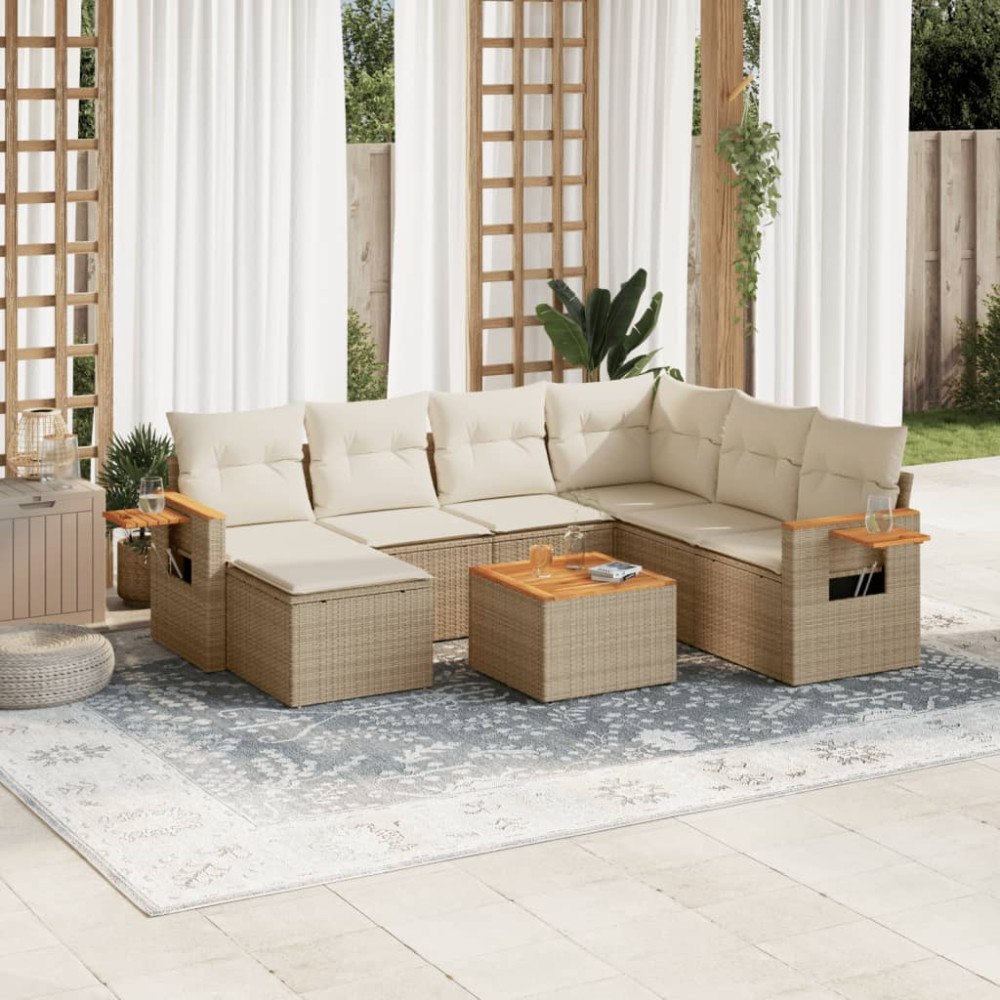 vidaXL Matgrupp för trädgården med dynor 8 delar beige konstrotting