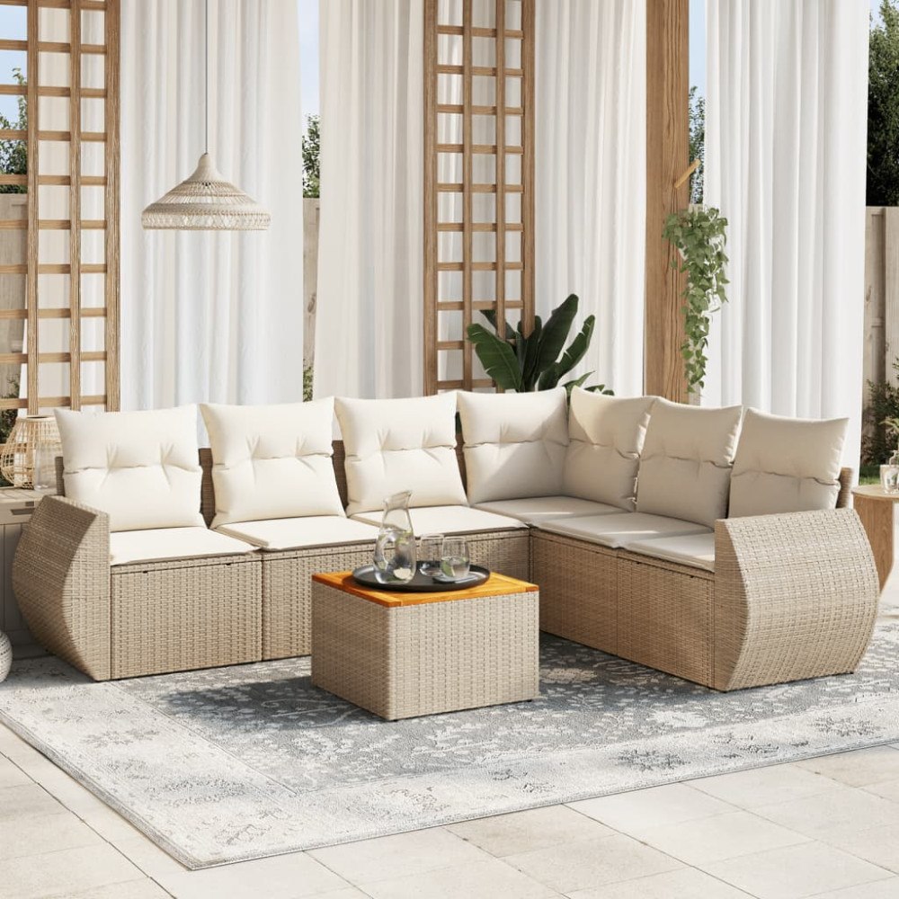 vidaXL Matgrupp för trädgården med dynor 7 delar beige konstrotting
