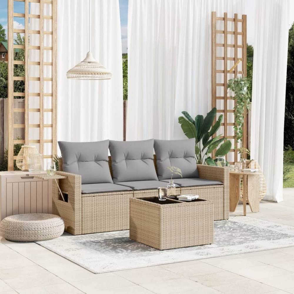 vidaXL Soffgrupp för trädgård med dynor 4 delar beige konstrotting