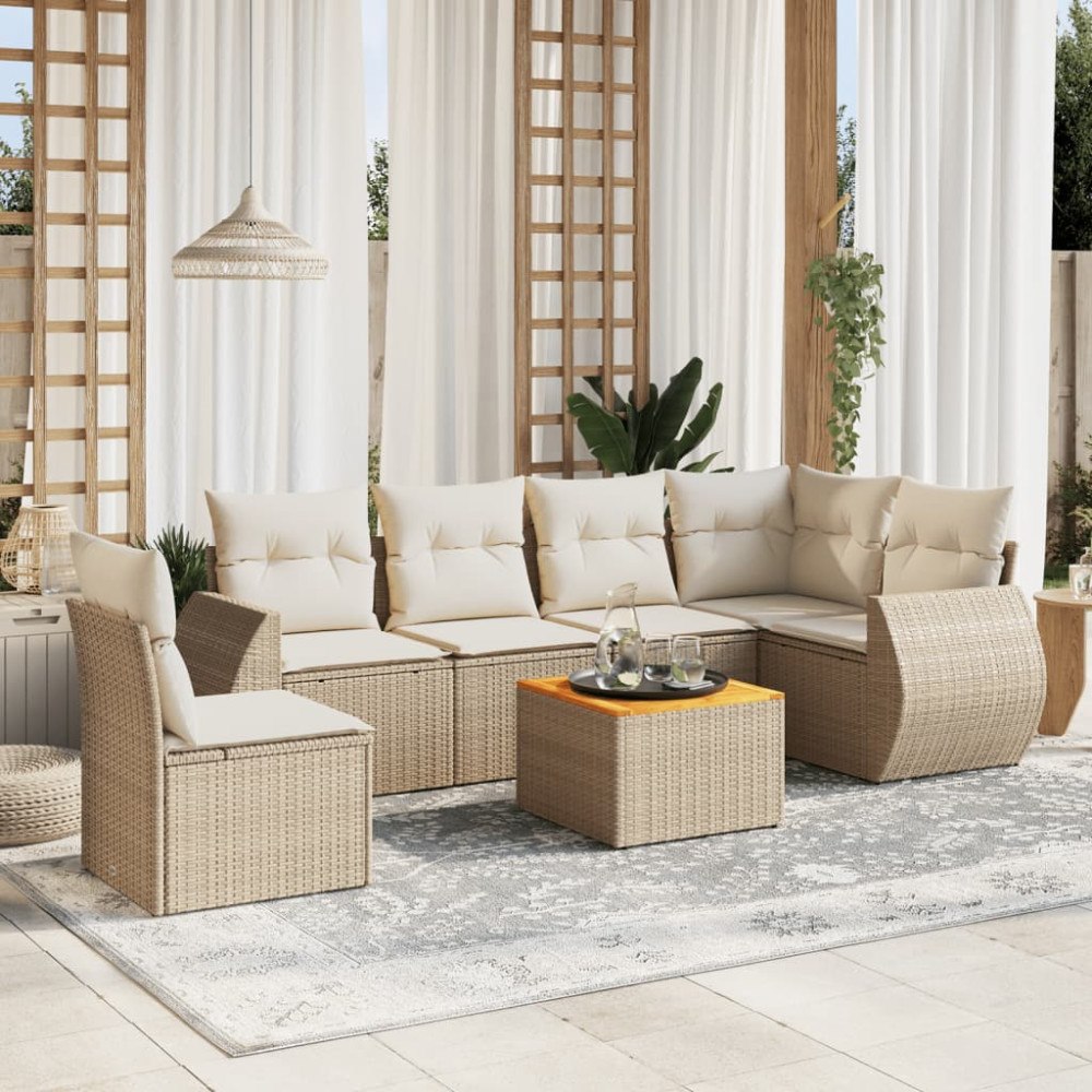 vidaXL Matgrupp för trädgården med dynor 7 delar beige konstrotting