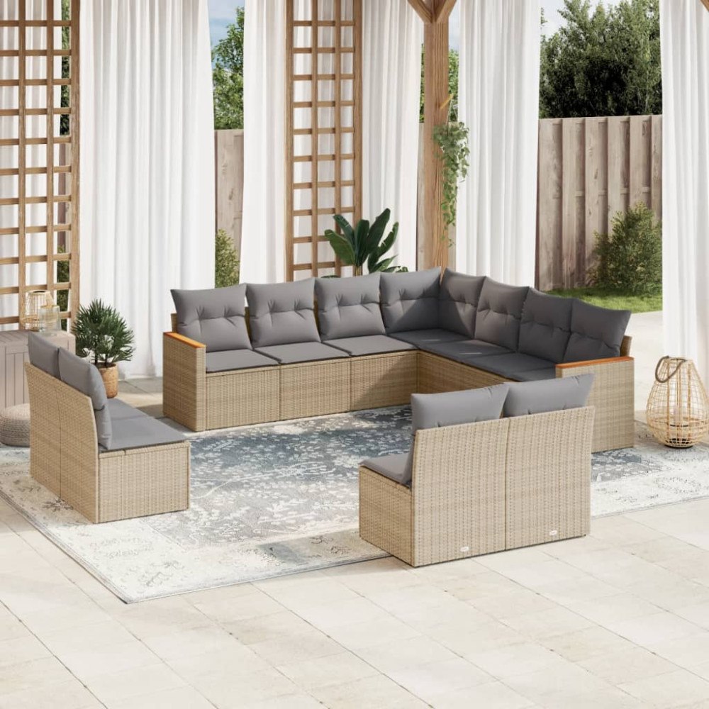 vidaXL Loungegrupp för trädgården m. dynor 11 delar beige konstrotting
