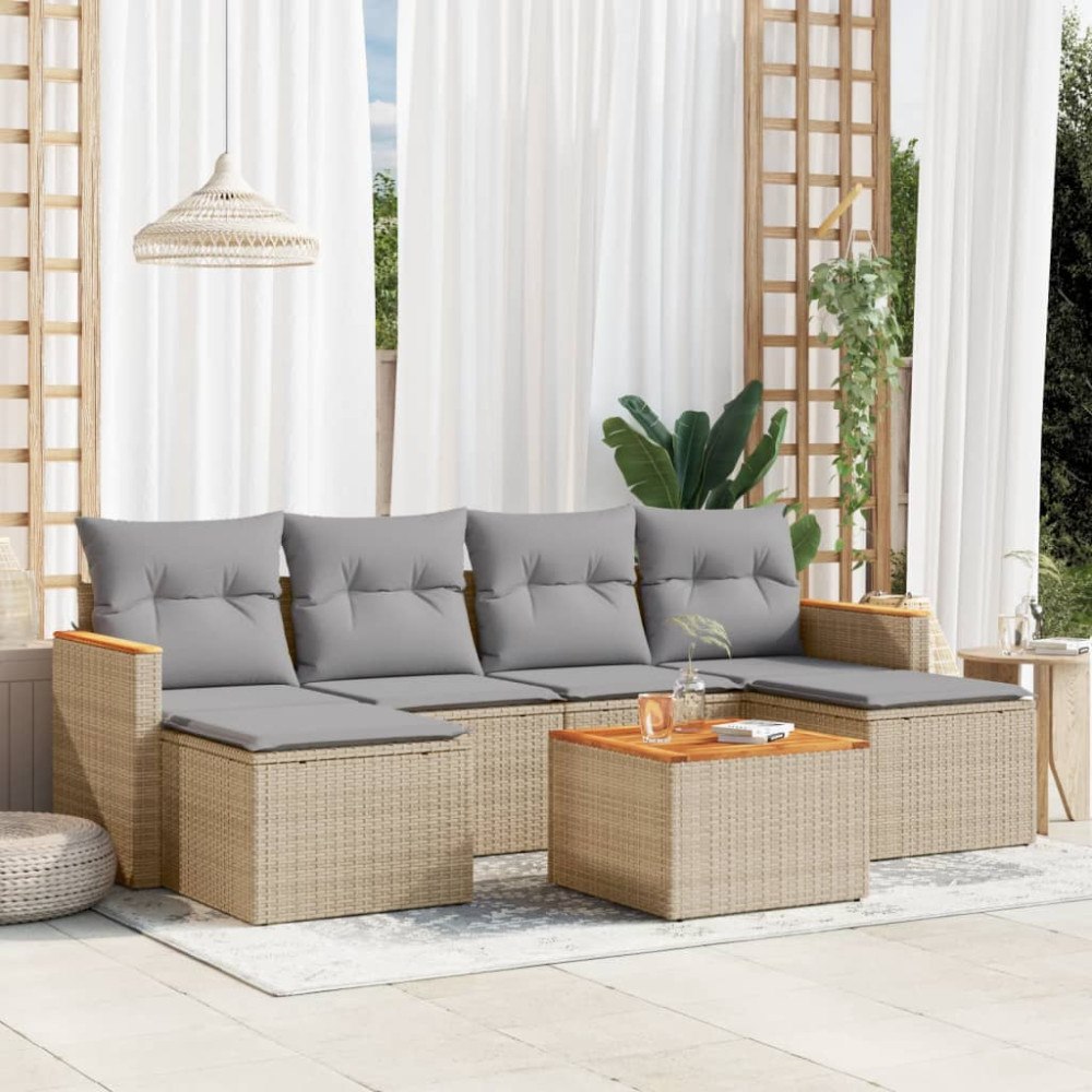 vidaXL Matgrupp för trädgården med dynor 7 delar beige konstrotting
