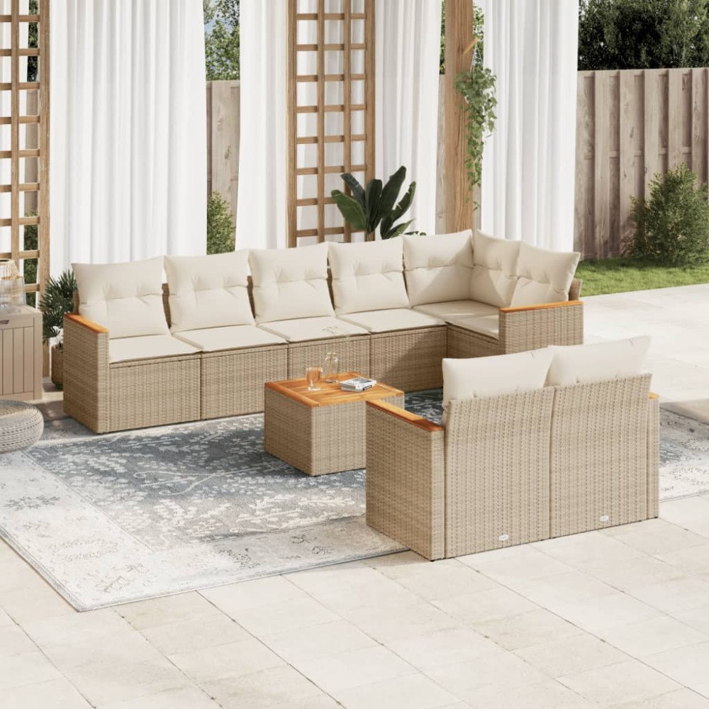vidaXL Soffgrupp för trädgården med dynor 9 delar beige konstrotting