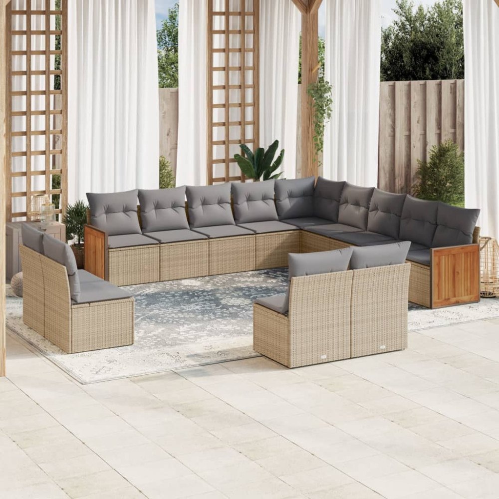 vidaXL Soffgrupp för trädgården med dynor 13 delar beige konstrotting