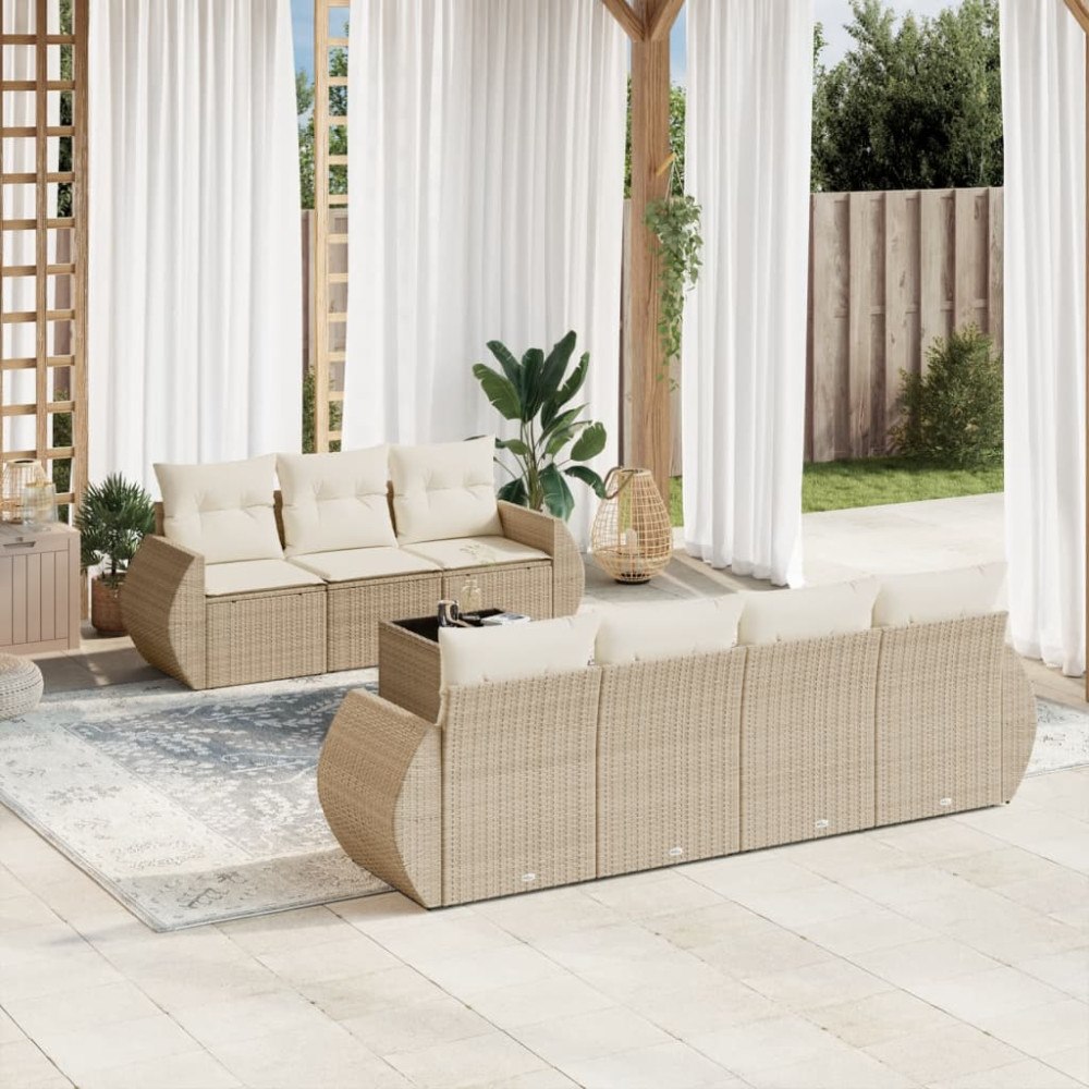 vidaXL Matgrupp för trädgården med dynor 8 delar beige konstrotting