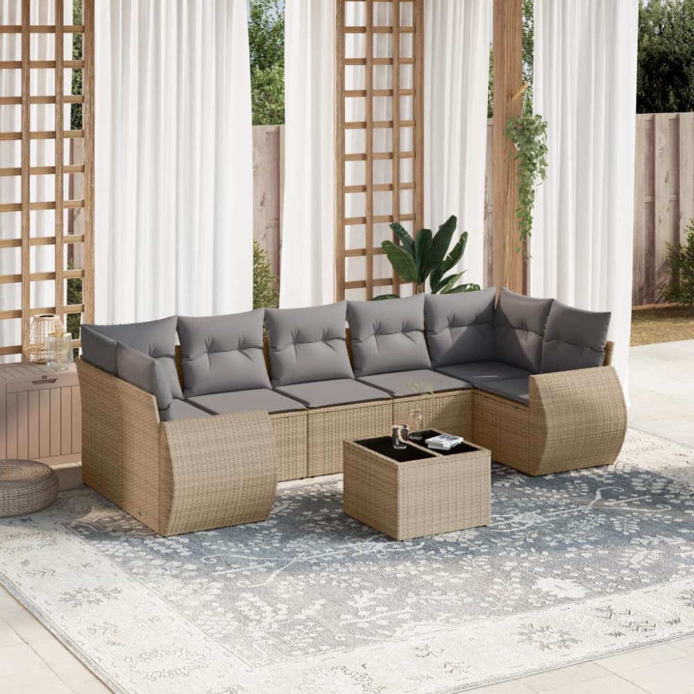 vidaXL Matgrupp för trädgården med dynor 8 delar beige konstrotting