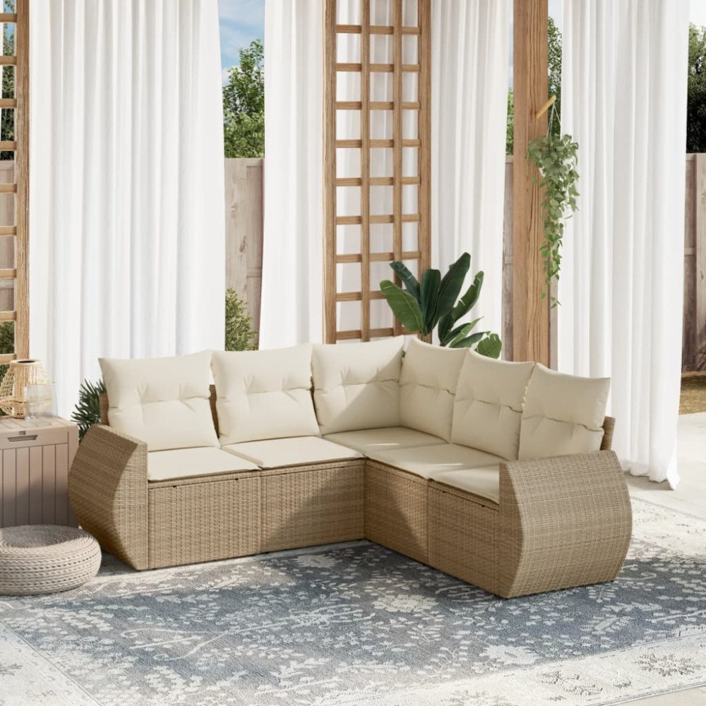 vidaXL Soffgrupp för trädgården med dynor 5 delar beige konstrotting