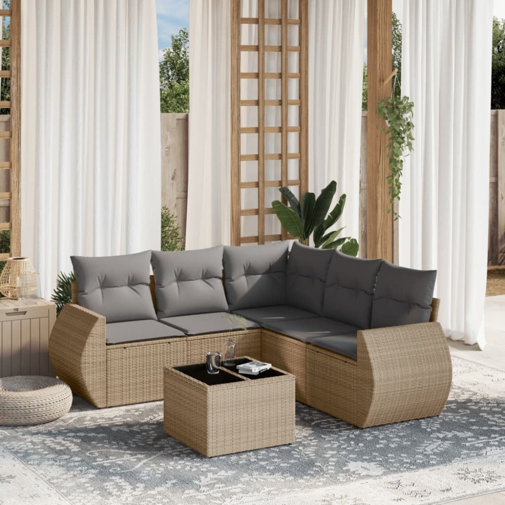 vidaXL Soffgrupp för trädgården med dynor 6 delar beige konstrotting