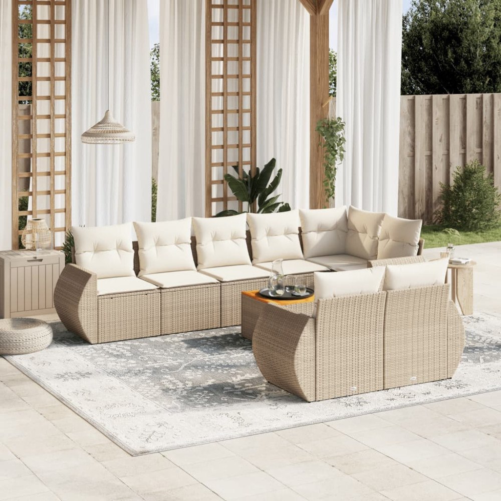 vidaXL Soffgrupp för trädgården med dynor 9 delar beige konstrotting