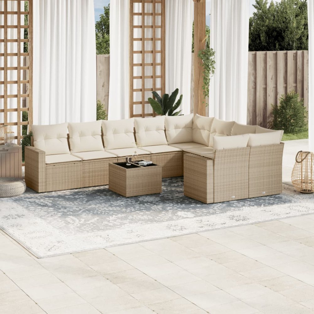 vidaXL Soffgrupp för trädgård med dynor 10 delar beige konstrotting