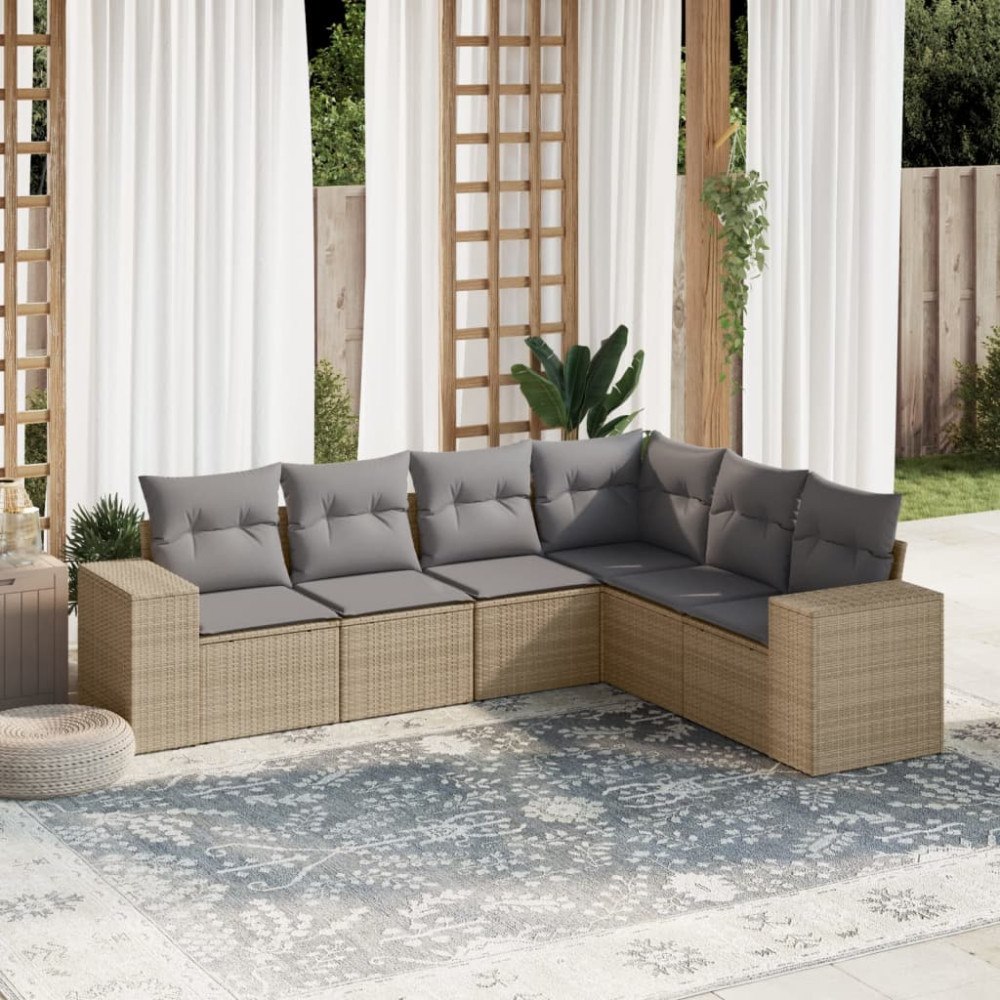 vidaXL Soffgrupp för trädgården med dynor 6 delar beige konstrotting