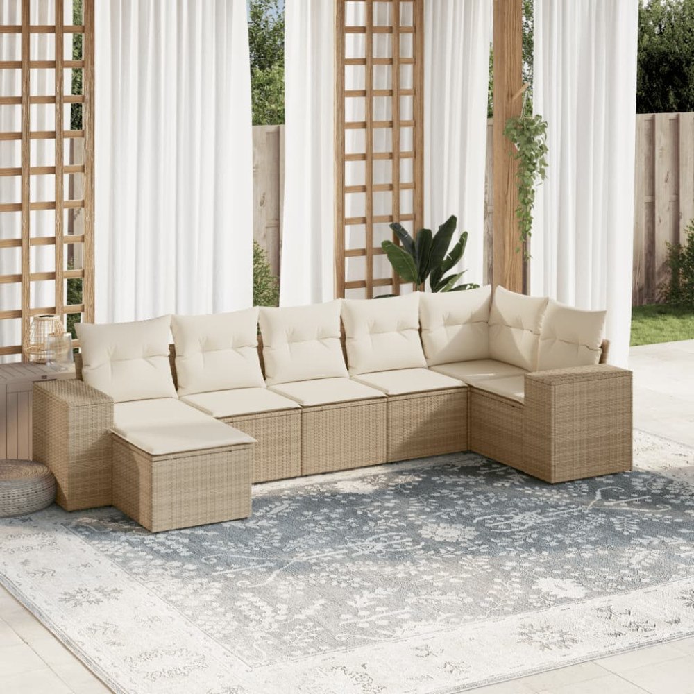 vidaXL Matgrupp för trädgården med dynor 7 delar beige konstrotting