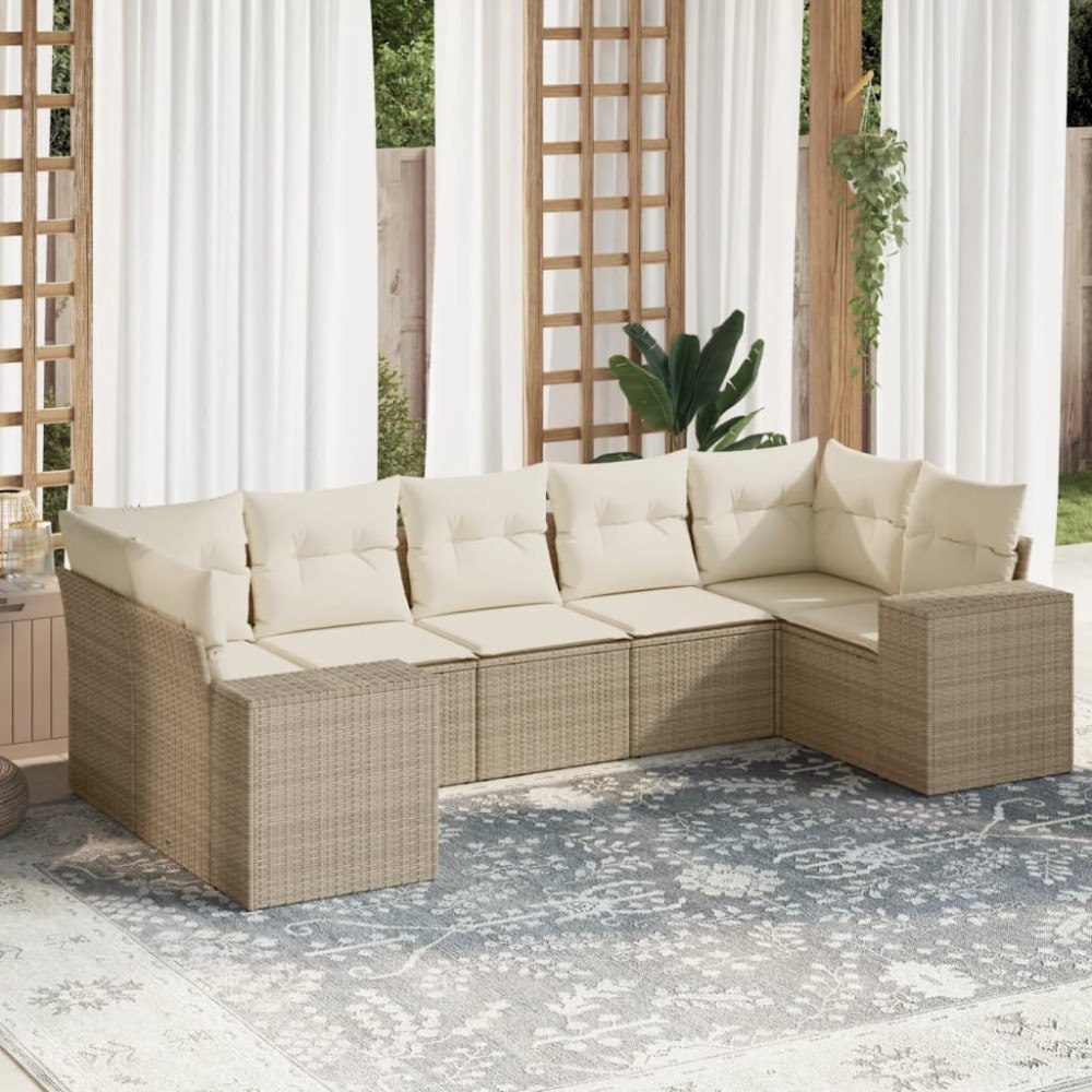 vidaXL Matgrupp för trädgården med dynor 7 delar beige konstrotting