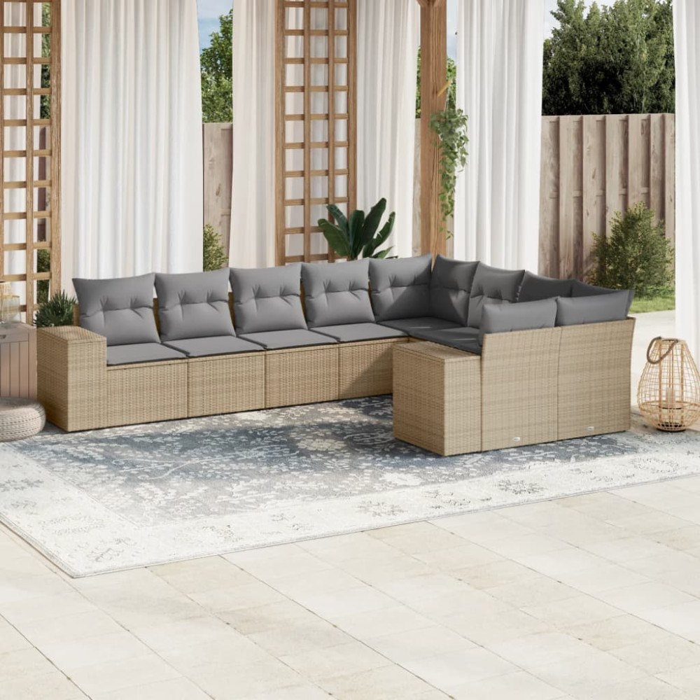 vidaXL Soffgrupp för trädgården med dynor 9 delar beige konstrotting