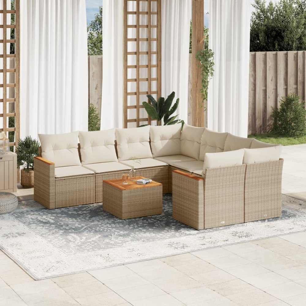 vidaXL Soffgrupp för trädgården med dynor 9 delar beige konstrotting