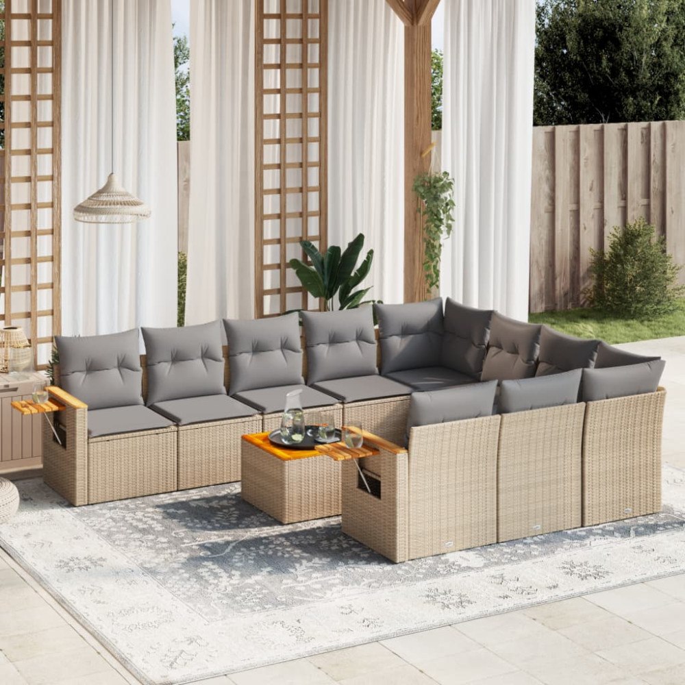 vidaXL Loungegrupp för trädgården m. dynor 11 delar beige konstrotting
