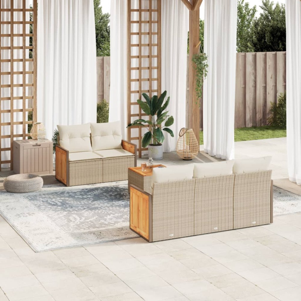 vidaXL Soffgrupp för trädgården med dynor 6 delar beige konstrotting