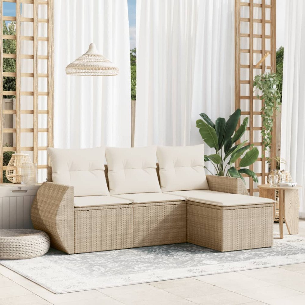 vidaXL Soffgrupp för trädgård med dynor 4 delar beige konstrotting