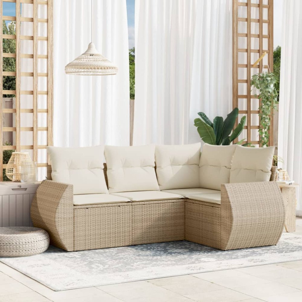 vidaXL Soffgrupp för trädgård med dynor 4 delar beige konstrotting