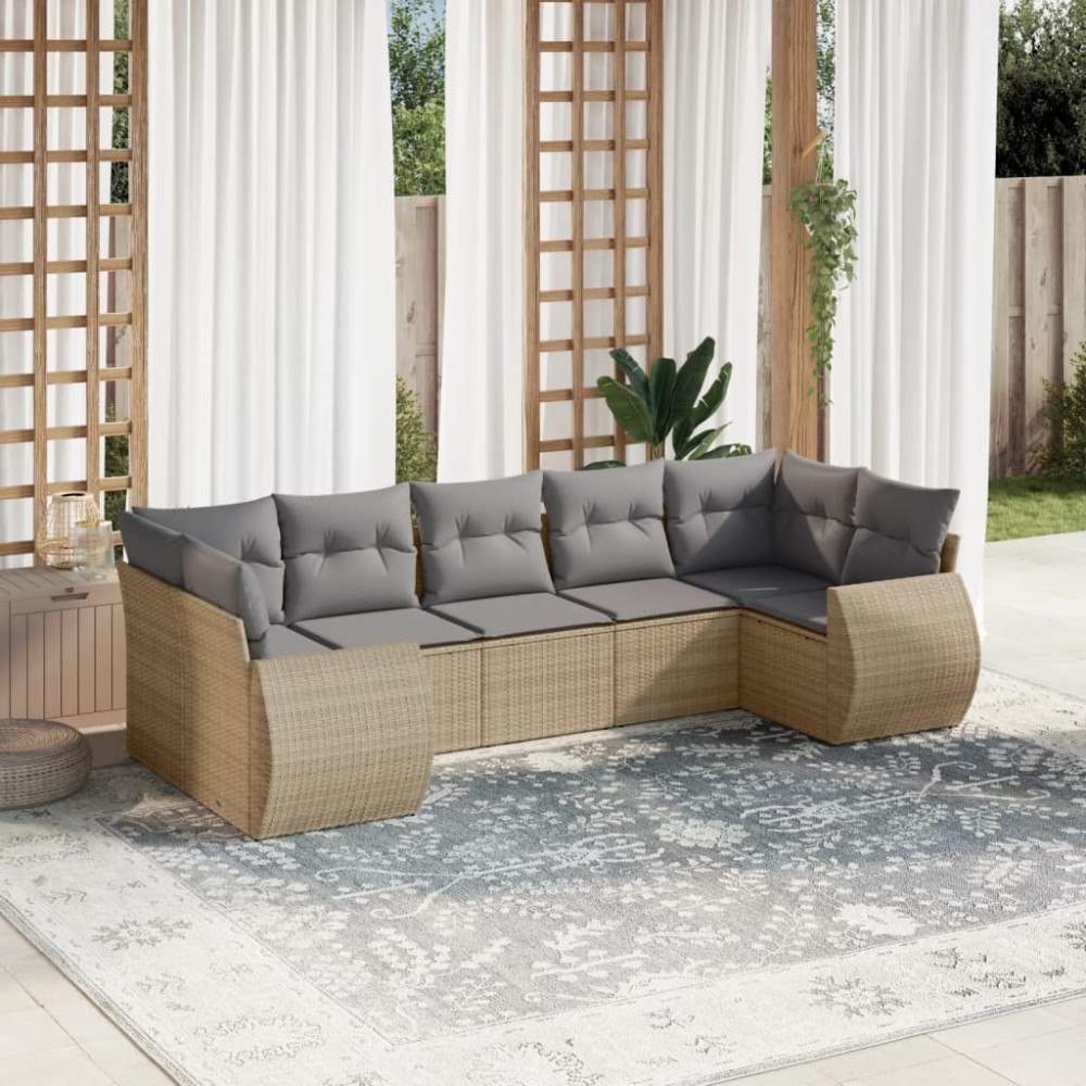 vidaXL Matgrupp för trädgården med dynor 7 delar beige konstrotting