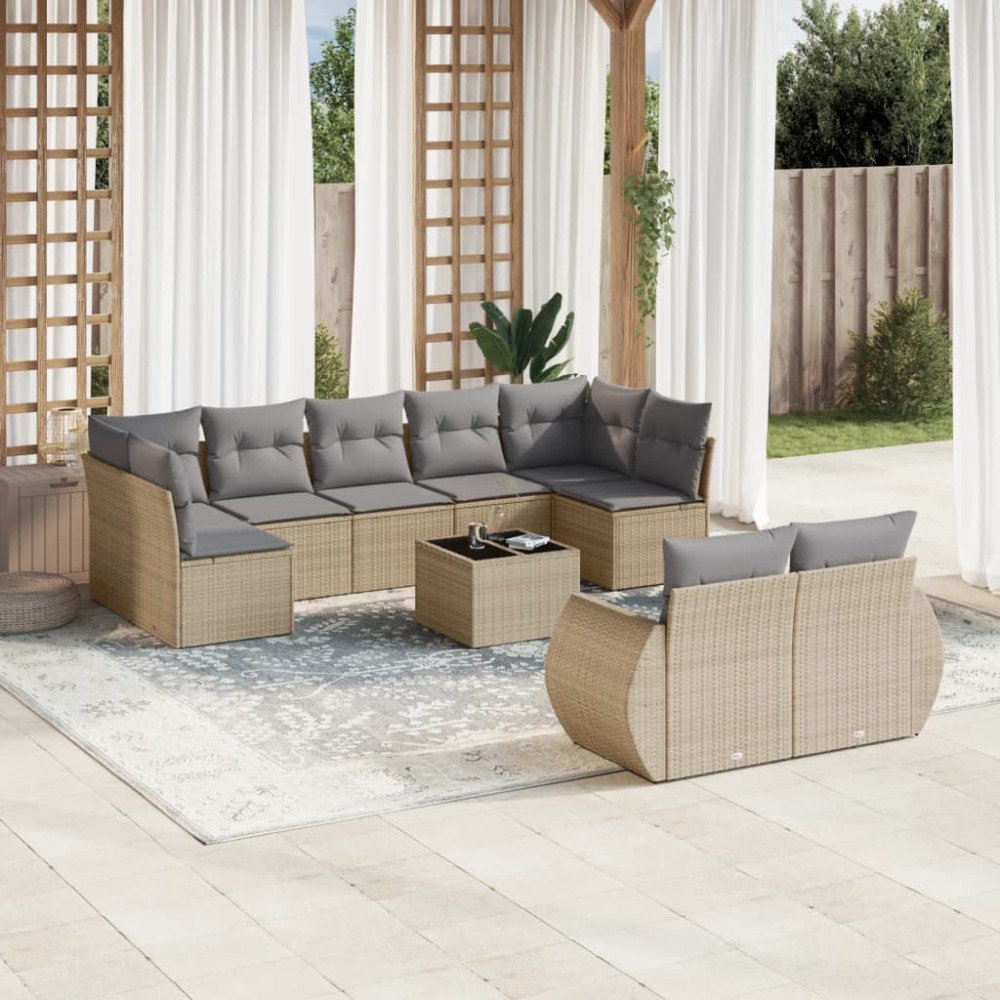 vidaXL Soffgrupp för trädgård med dynor 10 delar beige konstrotting
