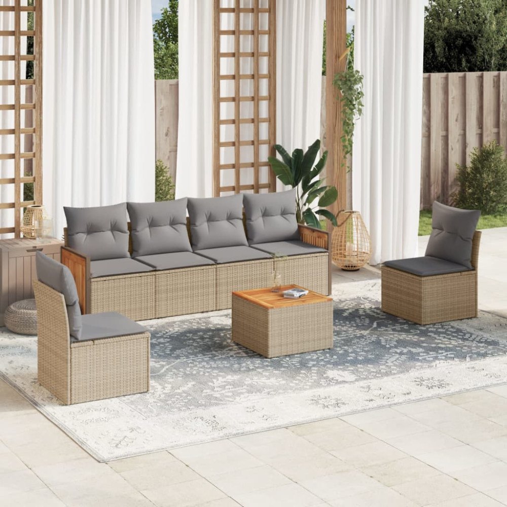 vidaXL Matgrupp för trädgården med dynor 7 delar beige konstrotting