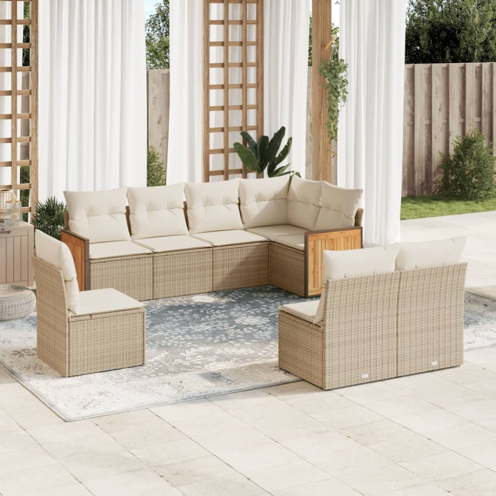 vidaXL Matgrupp för trädgården med dynor 8 delar beige konstrotting