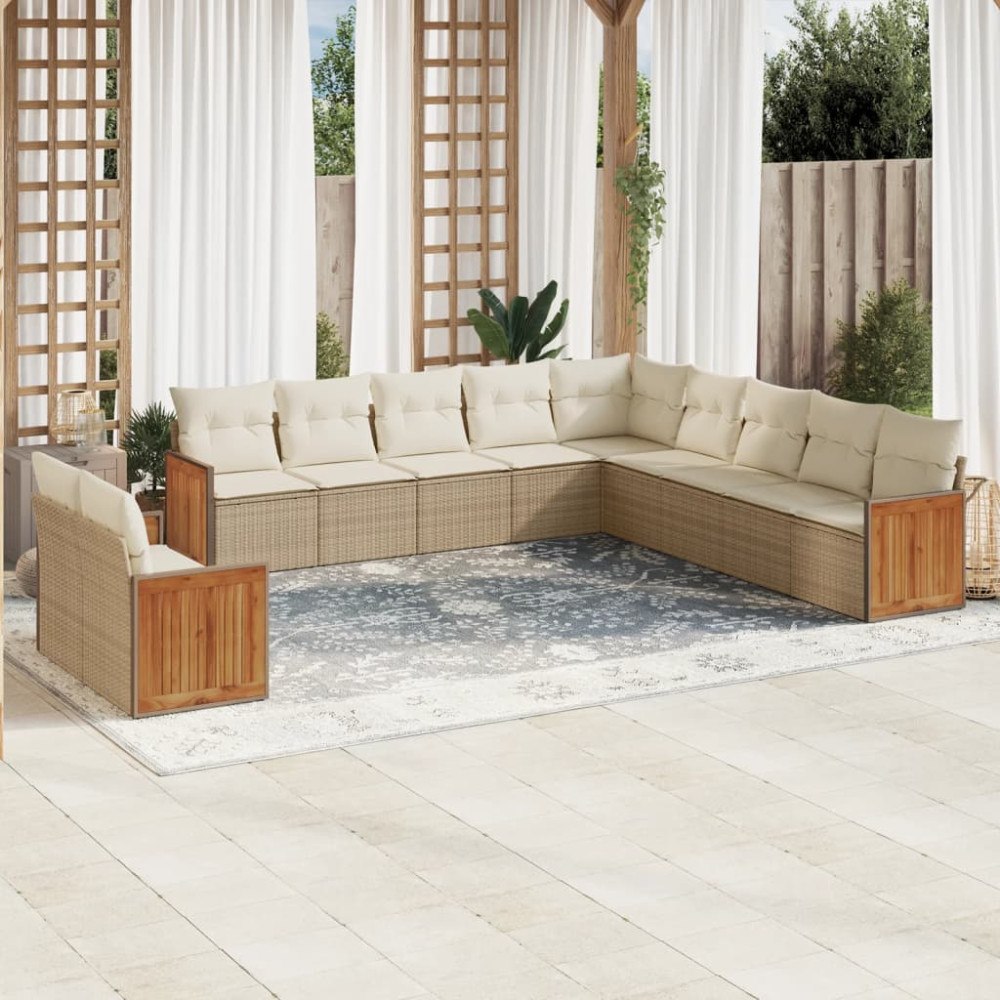 vidaXL Loungegrupp för trädgården m. dynor 11 delar beige konstrotting