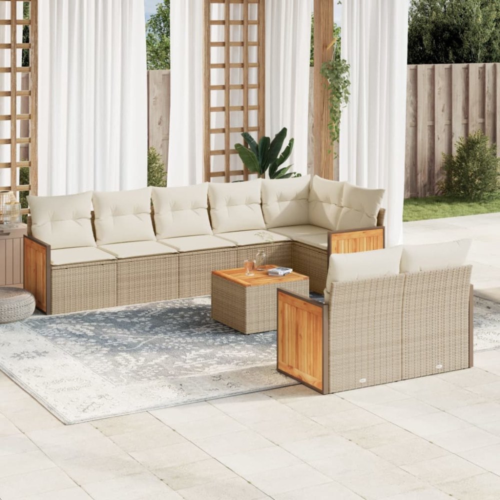 vidaXL Soffgrupp för trädgården med dynor 9 delar beige konstrotting