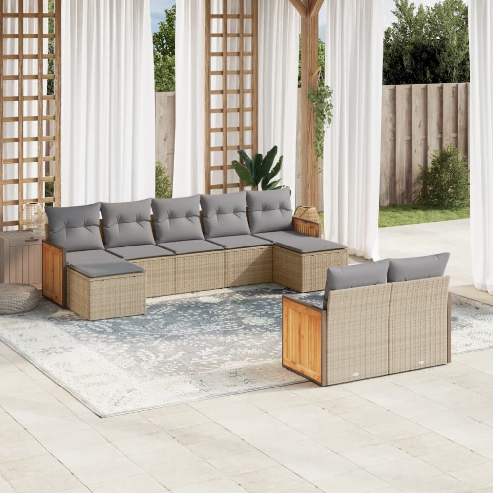 vidaXL Soffgrupp för trädgården med dynor 9 delar beige konstrotting